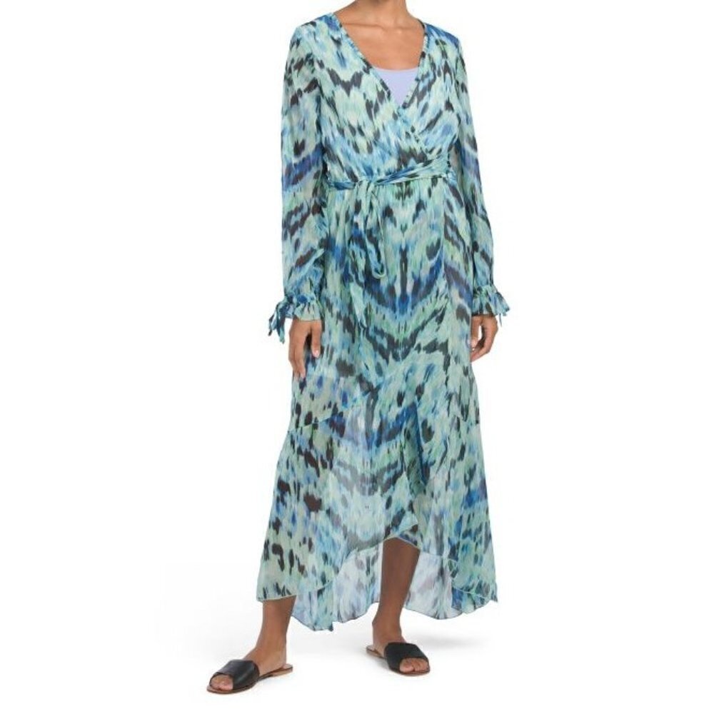 Flowy Tie Die Swimsuit Cover Up Kimono Wrap Caftan Blue Beachy Pool Women Size L